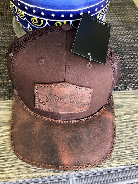 6 panel trucker hat with Bison patch and leather bill