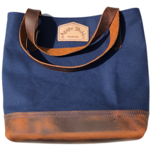Load image into Gallery viewer, Navy Blue Leather/Canvas Tote Bag
